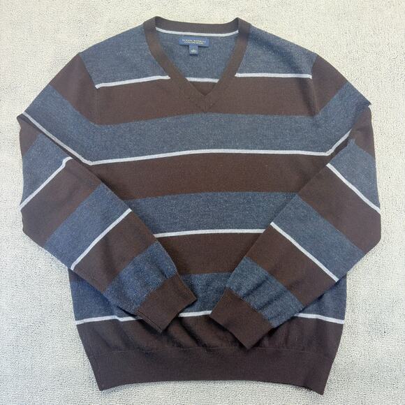 Banana Republic V-Neck Sweater Men's Large Brown Striped Extra Fine Merino Wool - Picture 1 of 8